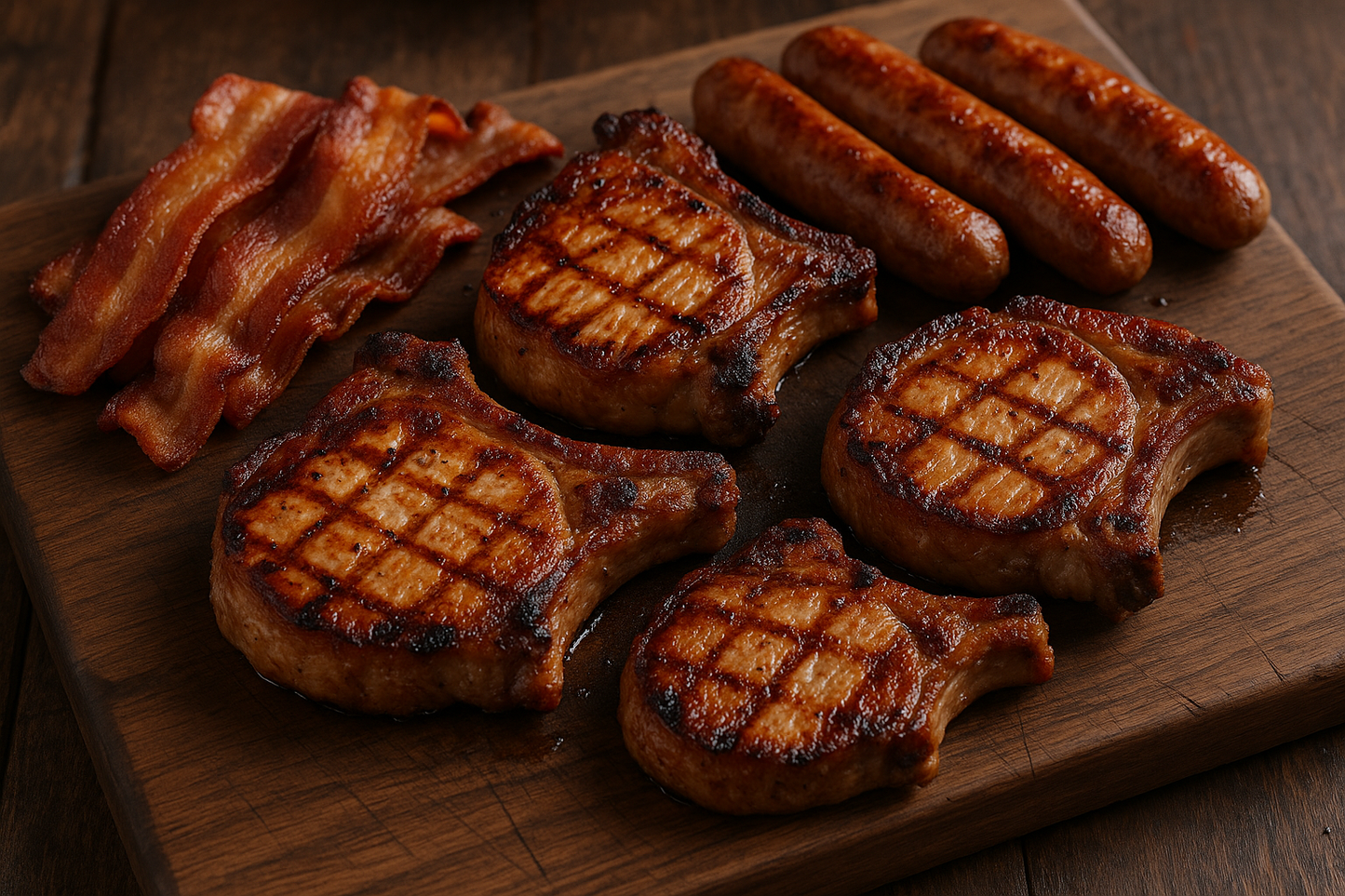 pork chops, bacon and sausage